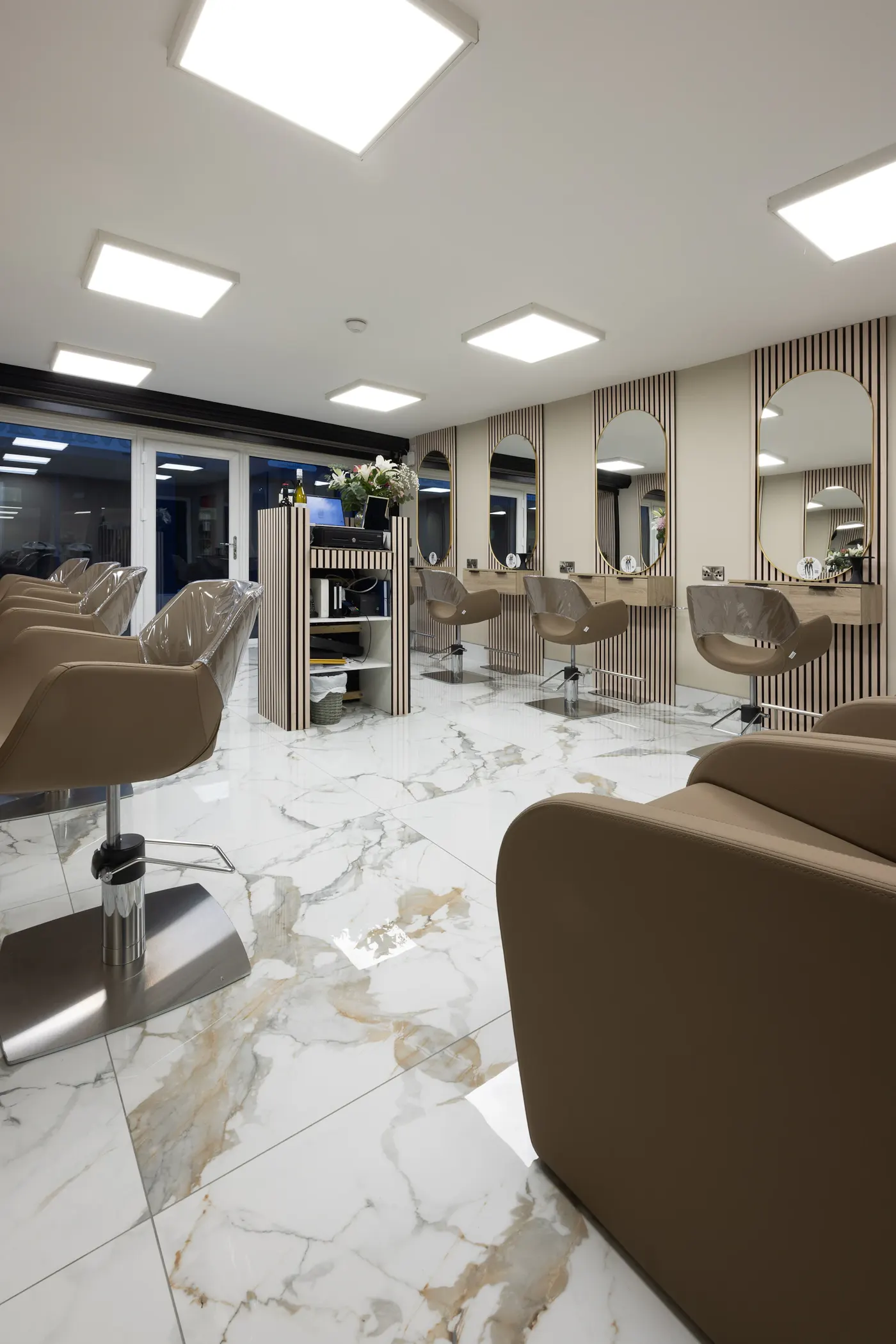 Bright marble-floored salon floor